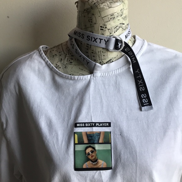 Miss Sixty sz Medium graphic tee photo girl adjustable Neck strap print on back - Picture 8 of 16